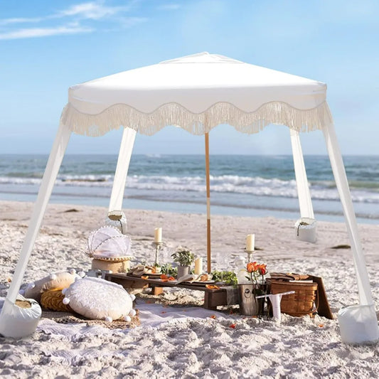 6 Foot Square Beach Cabana with Fringe,